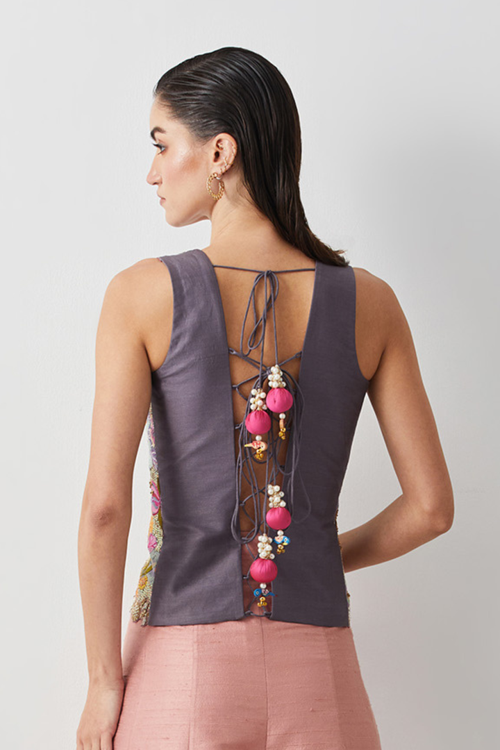 Dusty Mauve Embroidered Organza Skirt+Pastel Patchwork Embroidered Corset