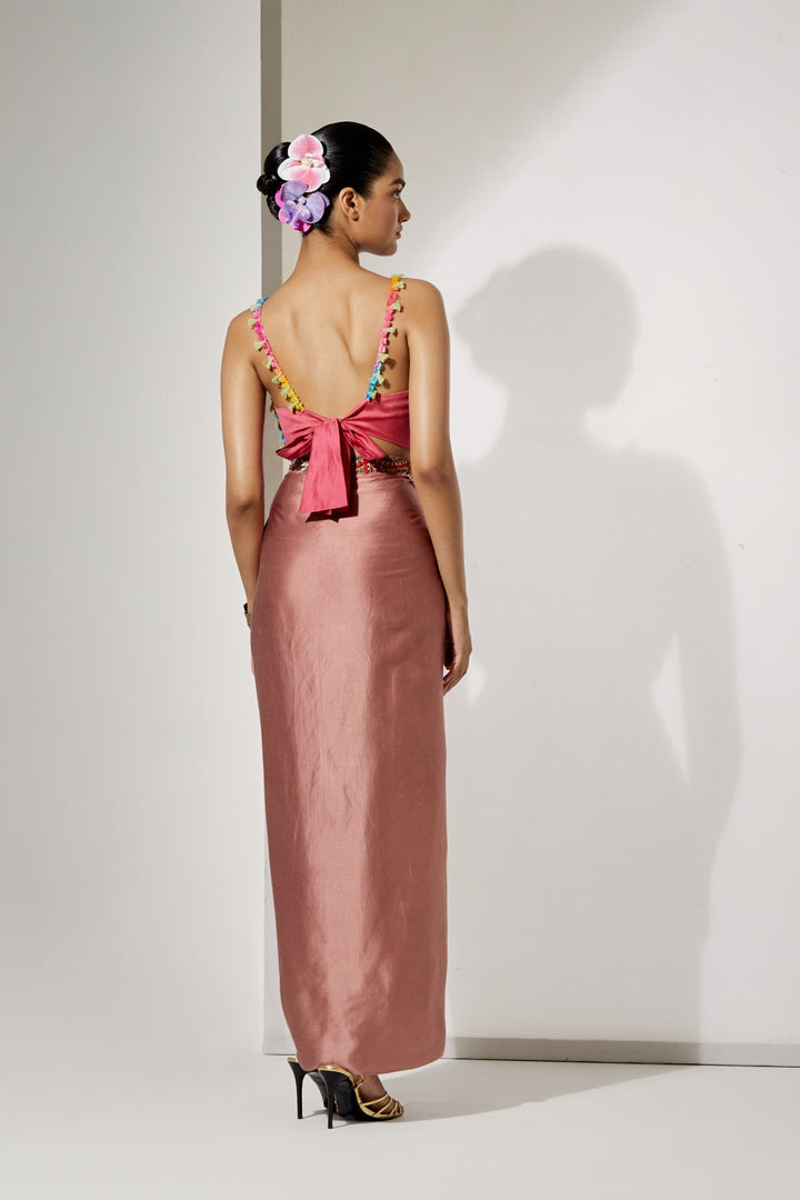 Rust Draped Skirt Set with Fully Embroidered Threadwork Blouse | RTS