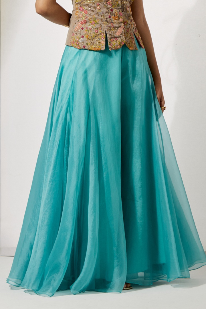 Fuchsia Pink Floral Embroidered Corset+Turquoise Organza Flared Skirt