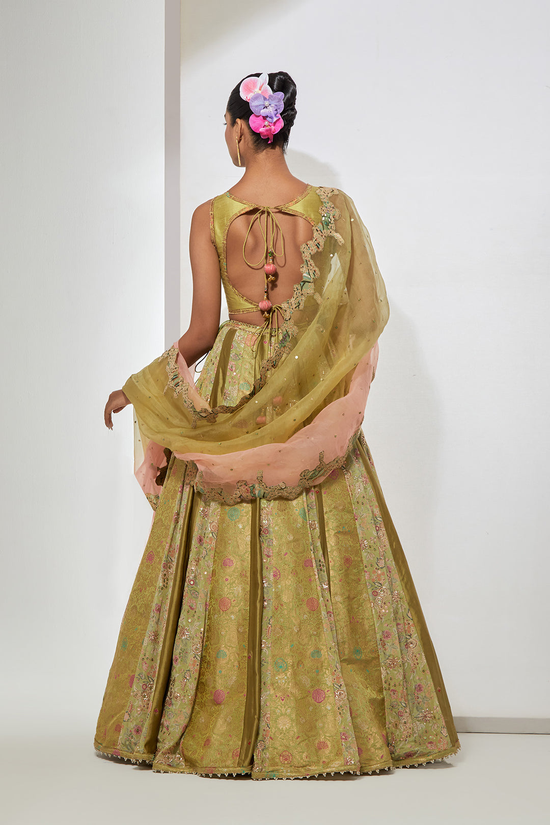 Lime Brocade Lehenga Set with Embellished Bralette &amp; Organza Dupatta