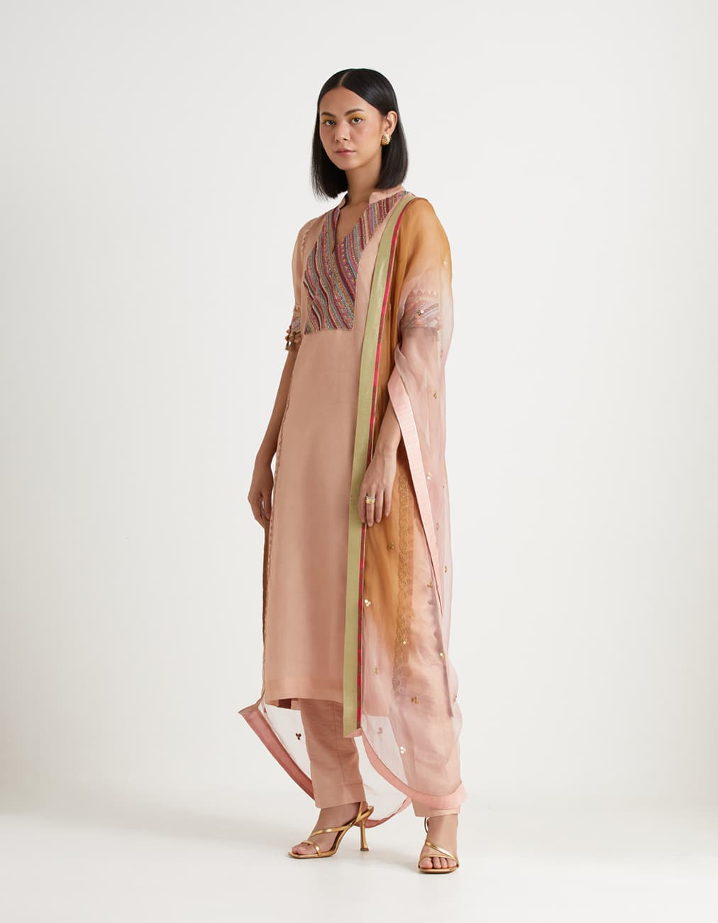 Peach Straight Plain Organza Kurta