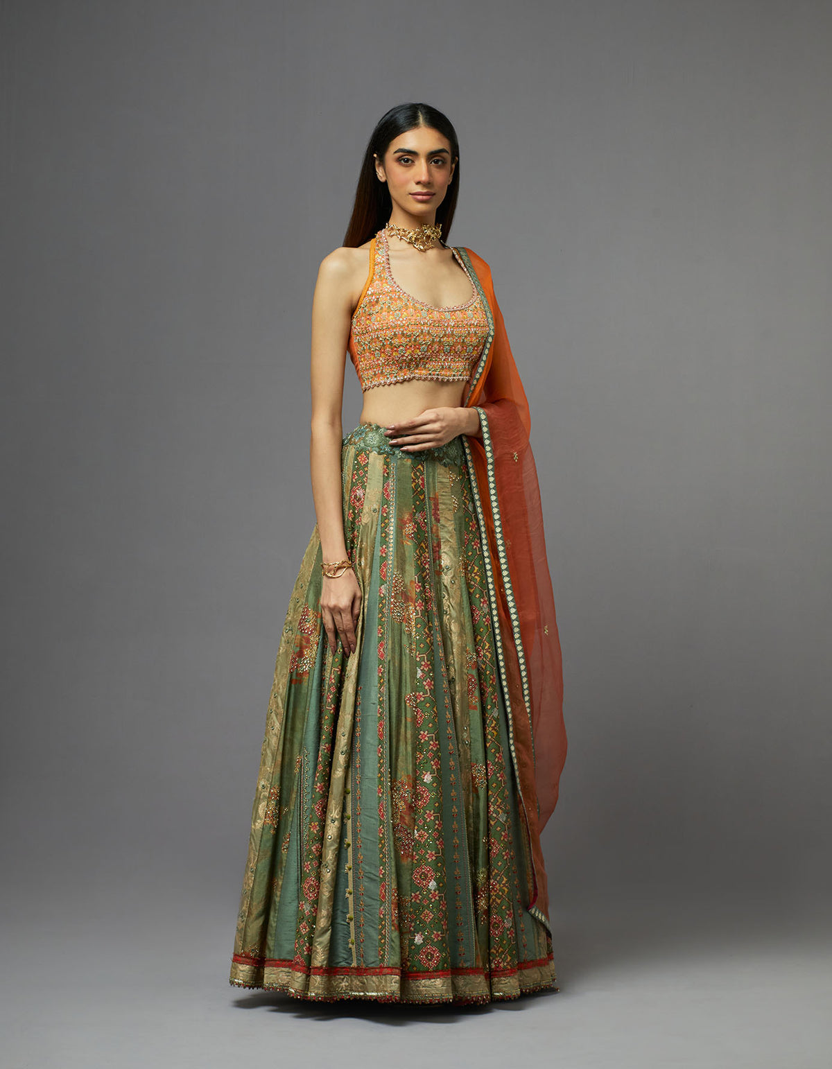 Green and Orange Lehenga Set