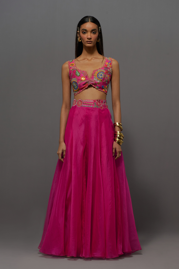 Pink embroidered skirt, cape and blouse set