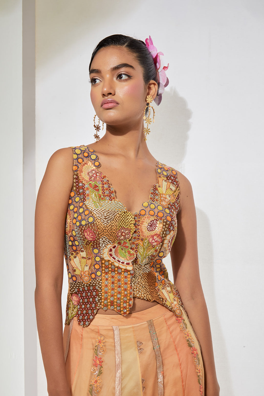 Meher Hand-Embroidered Silk Corset &amp; Organza Skirt Set