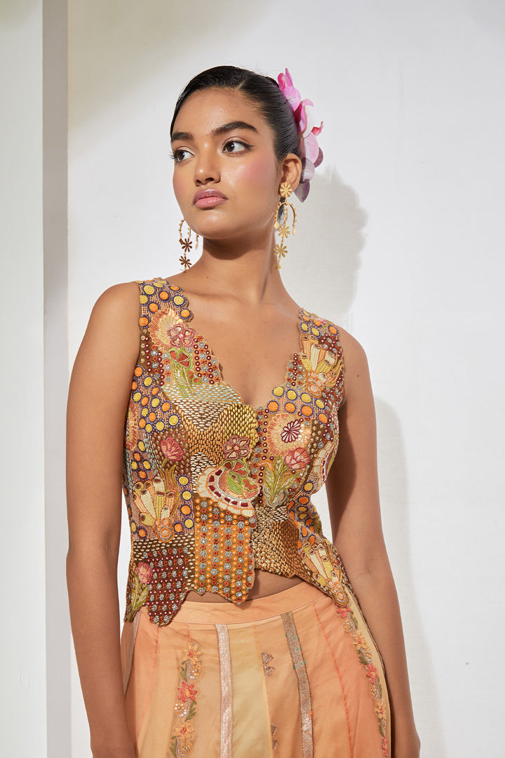 Meher Hand-Embroidered Silk Corset &amp; Organza Skirt Set