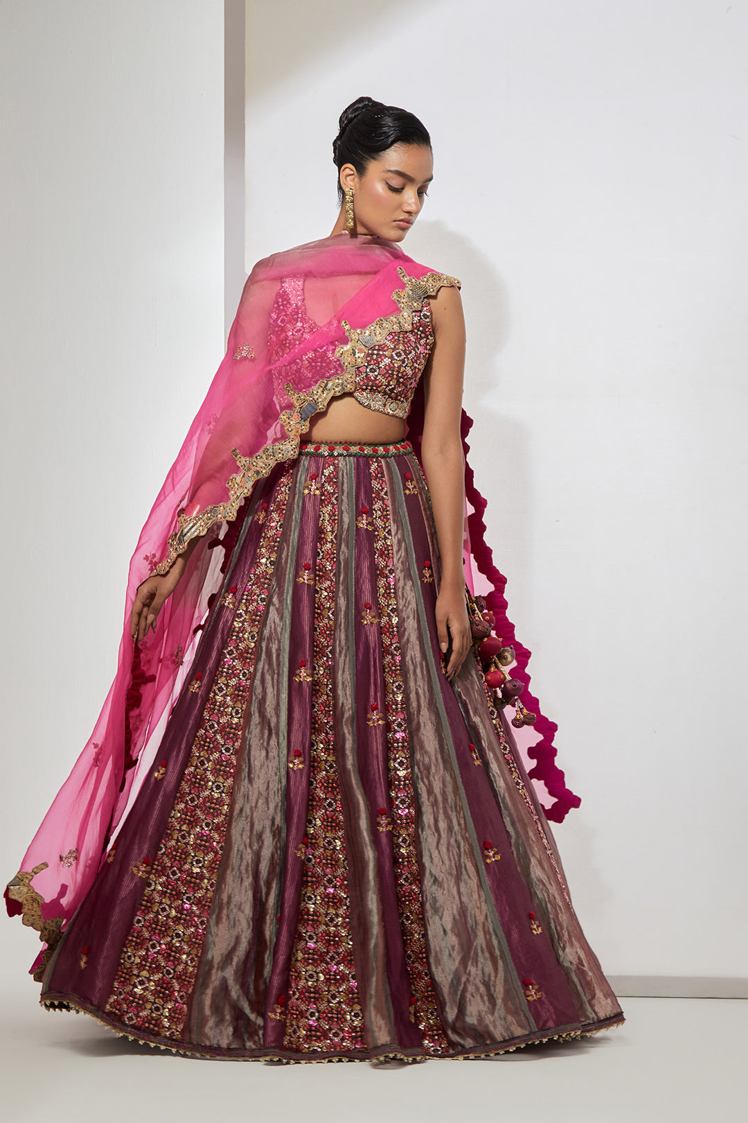 Wine Embroidered Lehenga Set with Organza Dupatta