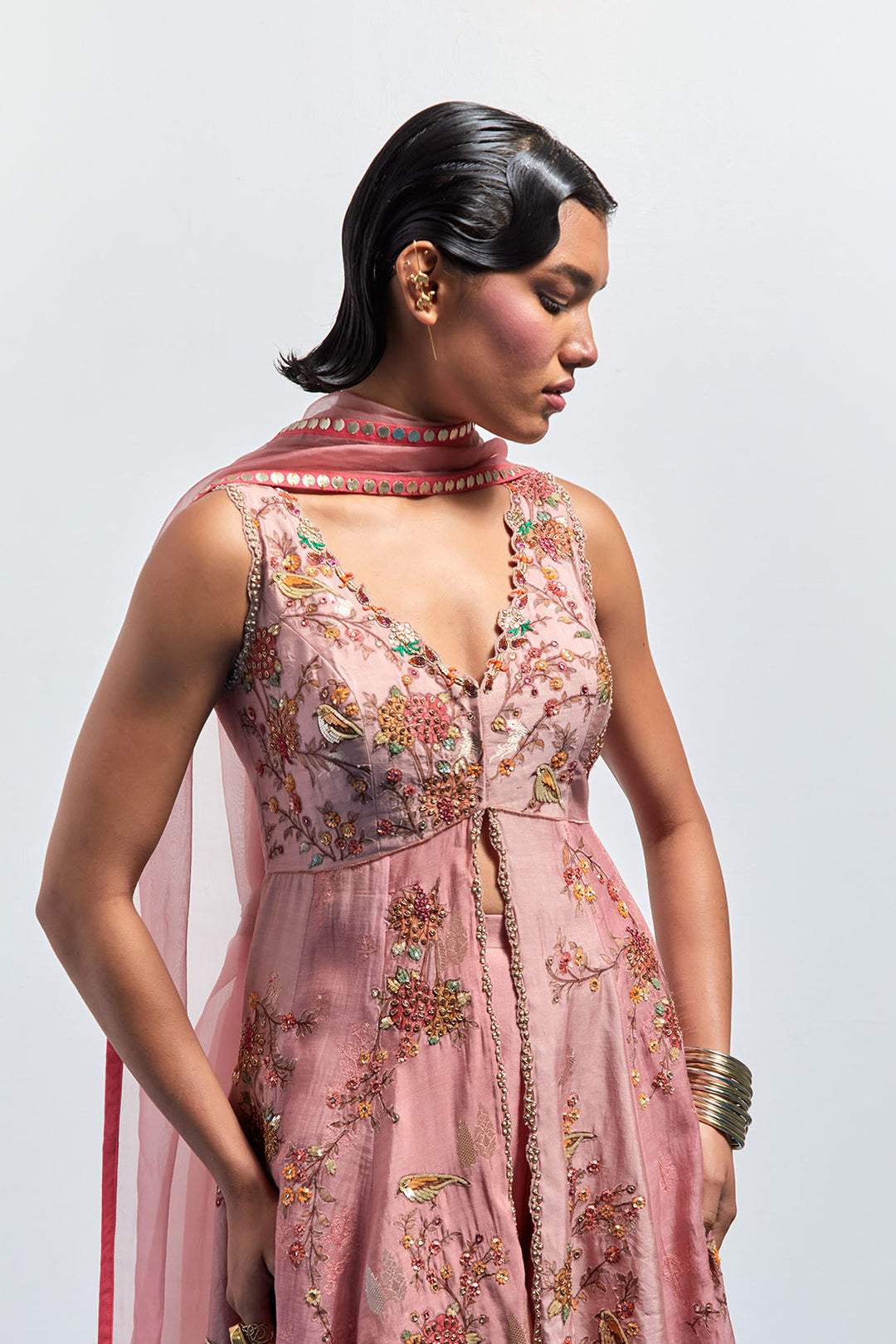 Blush pink embroidered peplum sharara set