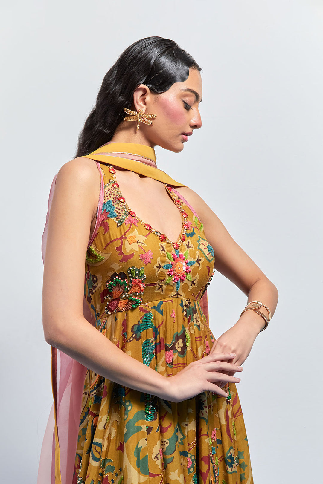 Mustard yellow hand embroidered anarkali set