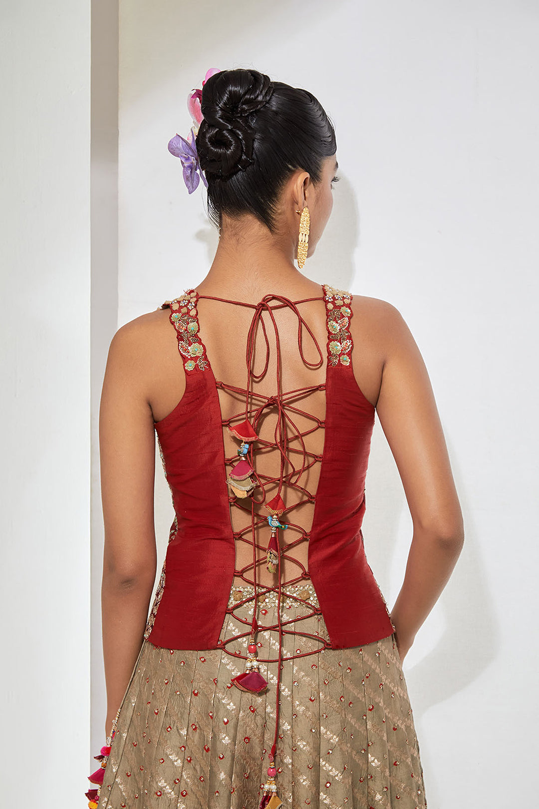 Maroon Embroidered Peplum Corset &amp; Beige Banadni Silk Lehenga