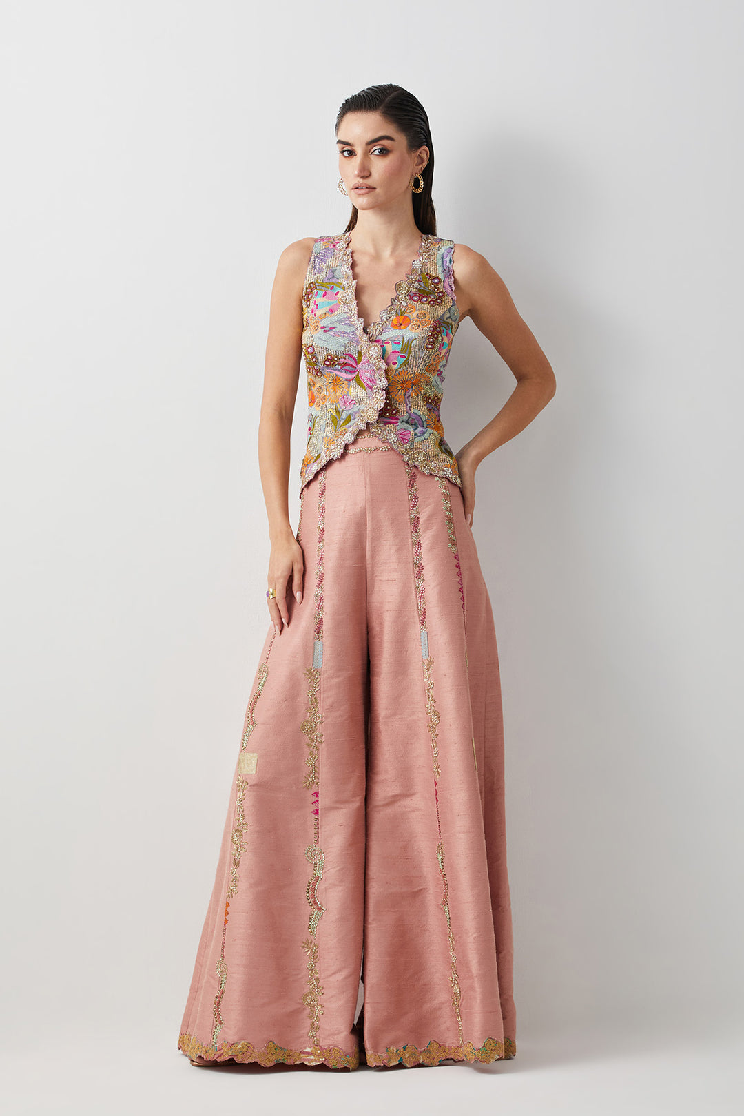 Blush pink embroidered corset plazzo set