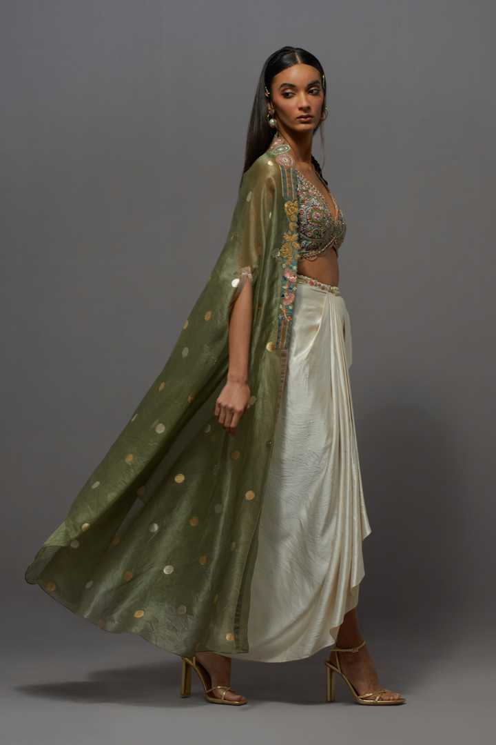 Olive green &amp; ivory embroidered dhoti with embroidered cape blouse set