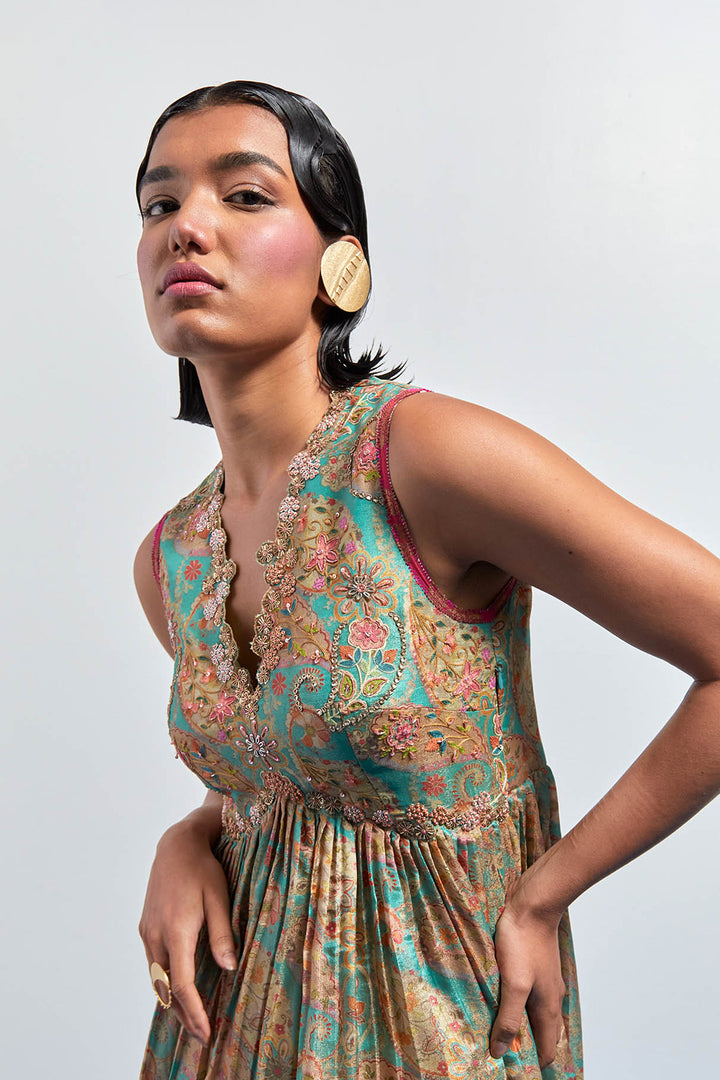Saga green embroidered peplum sharara set
