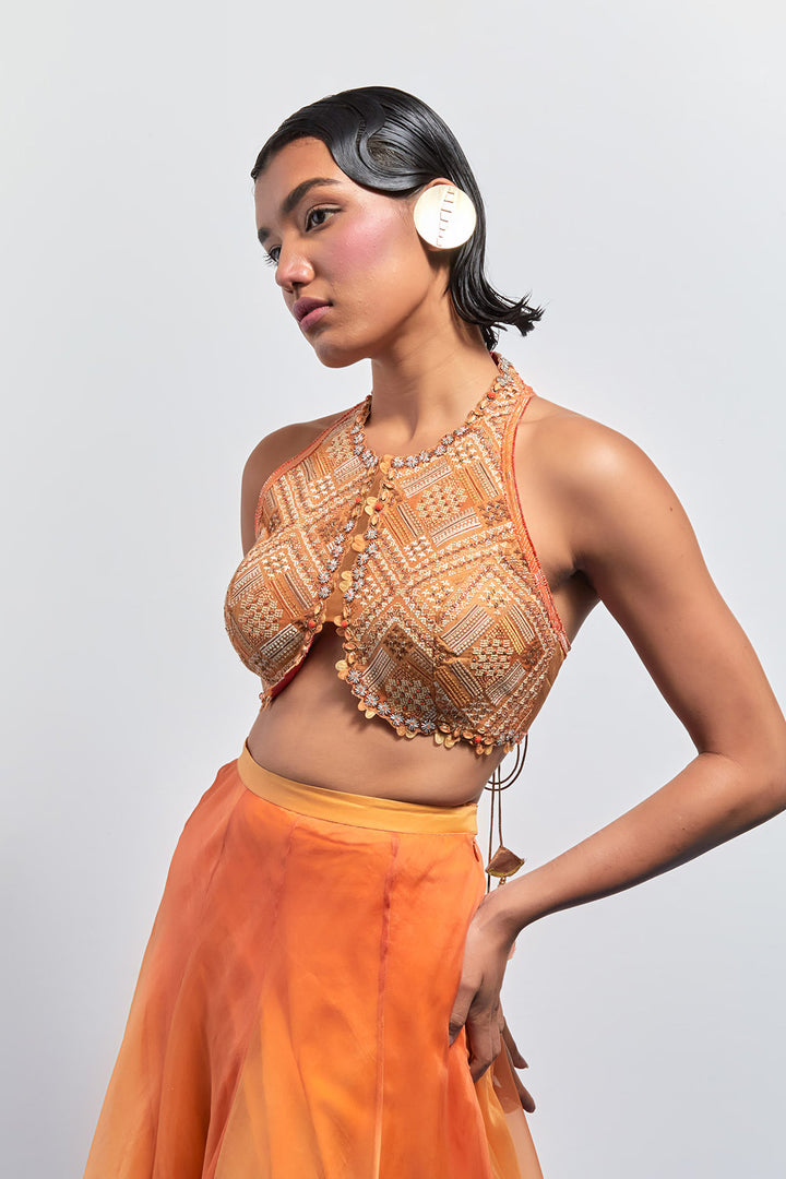 Yellow orange ombre embroidered skirt set