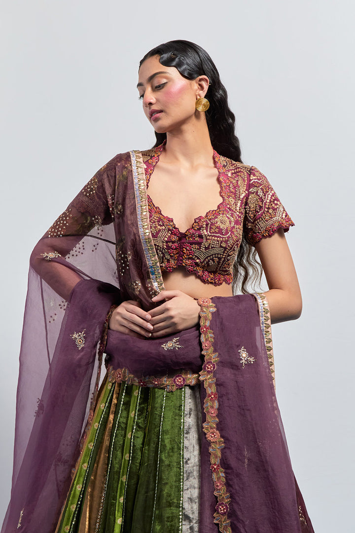 Multicolour striped embroidered lehenga set
