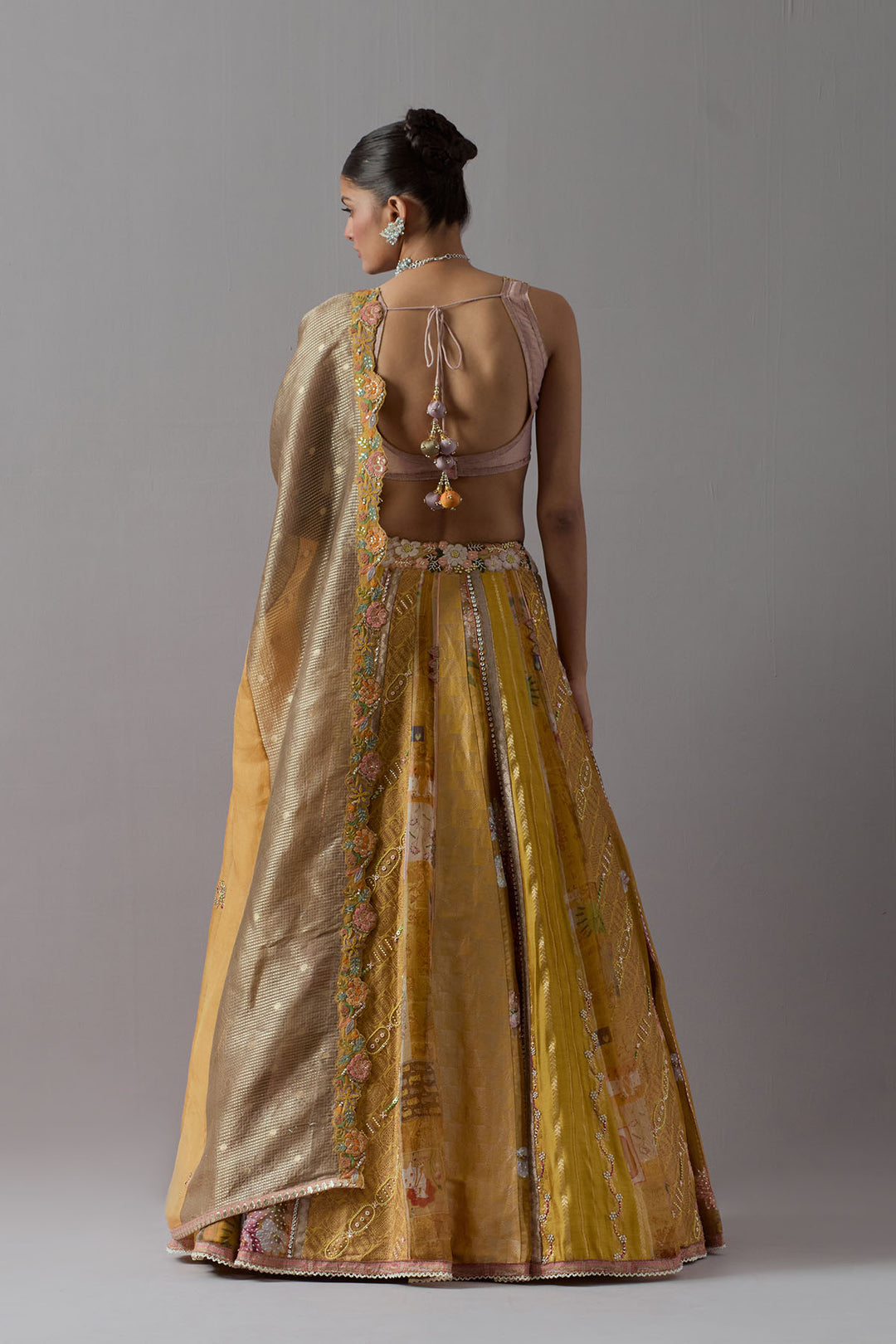 Golden mustard embroidered lehenga choli with dupatta