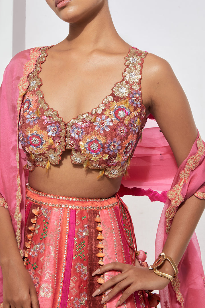 Peach Pink Embroidered Lehenga Set with Dupatta