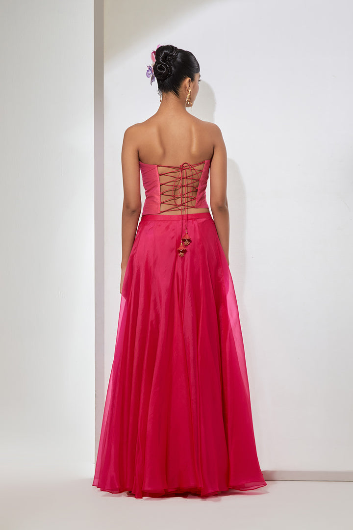 Pink Hand-Embroidered Silk Corset &amp; Organza Skirt Set.