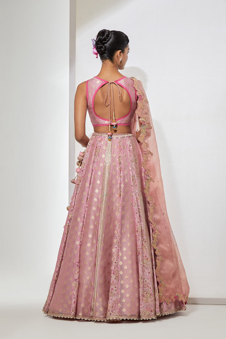 Pink Brocade Lehenga Set with Embellished Bralette &amp; Organza Dupatta