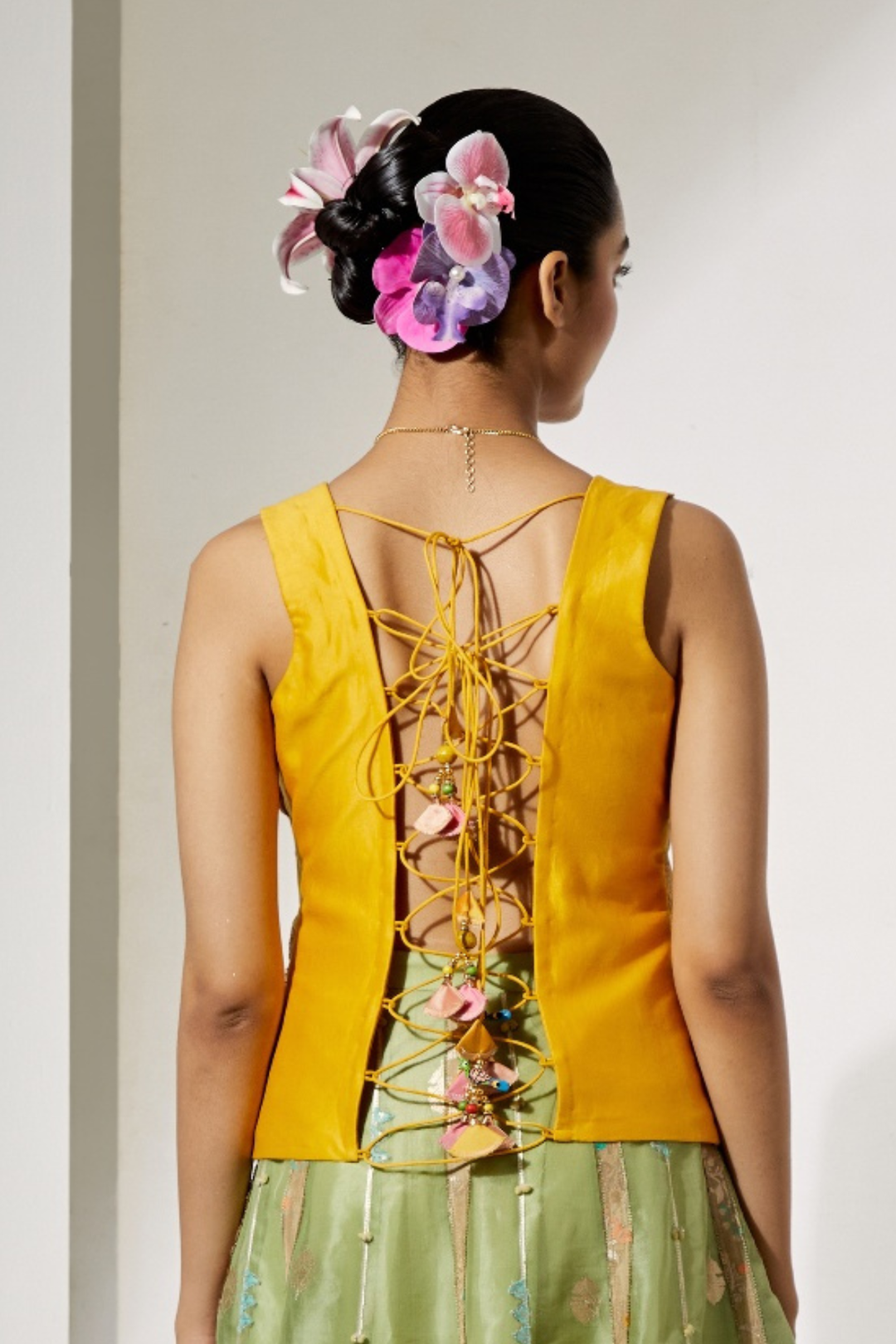 Yellow Organza Skirt with Floral Thread Embroidery+Mustard Patchwork Embroidered Corset Vest