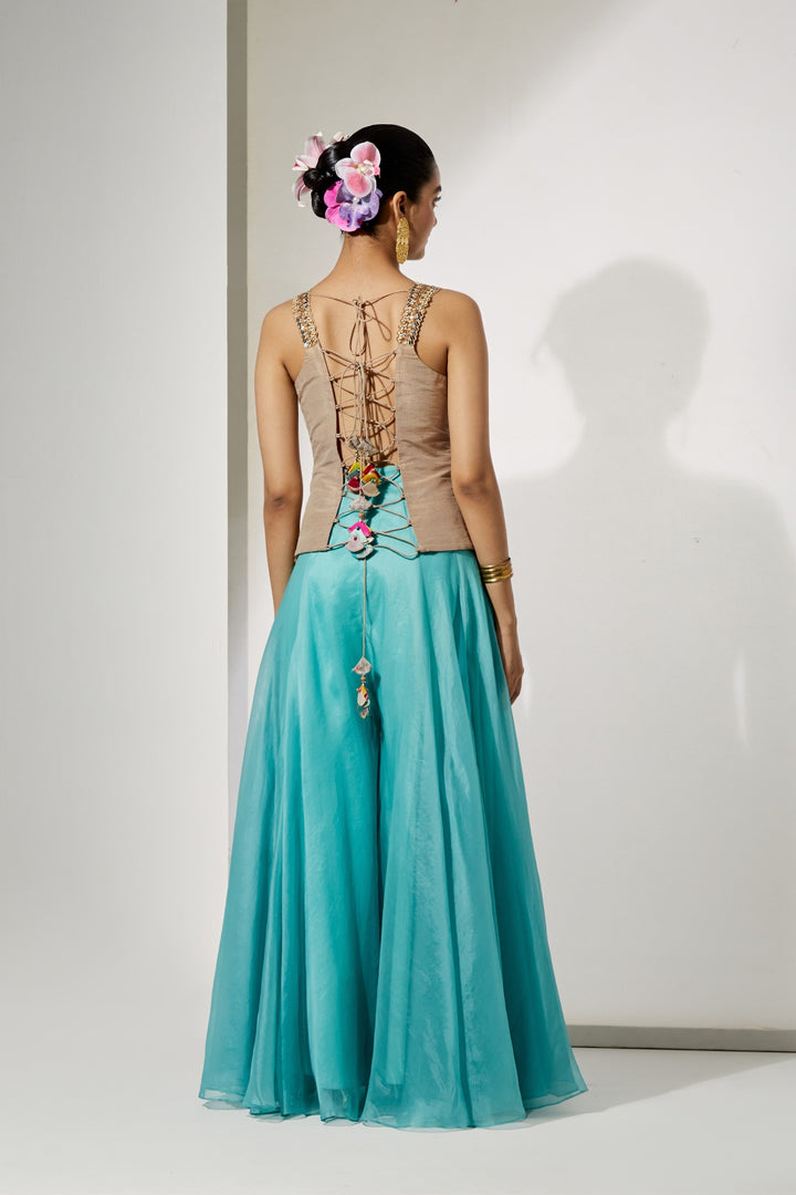 Grey Embroidered Corset &amp; sky blue Organza Skirt Set