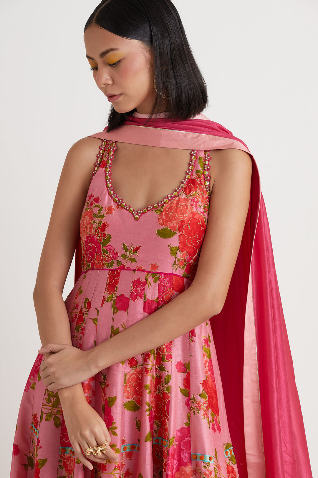 Pink printed embroidered anarkali gown with dupatta