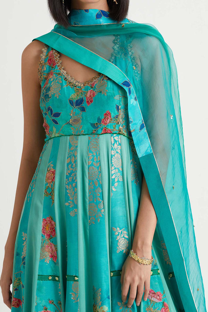 Aqua printed embroidered anarkali with dupatta