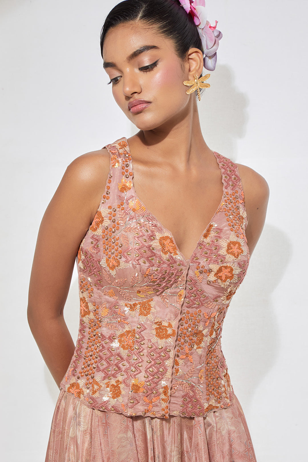 Blush Pink Embellished Corset with Brocade Skirt Set