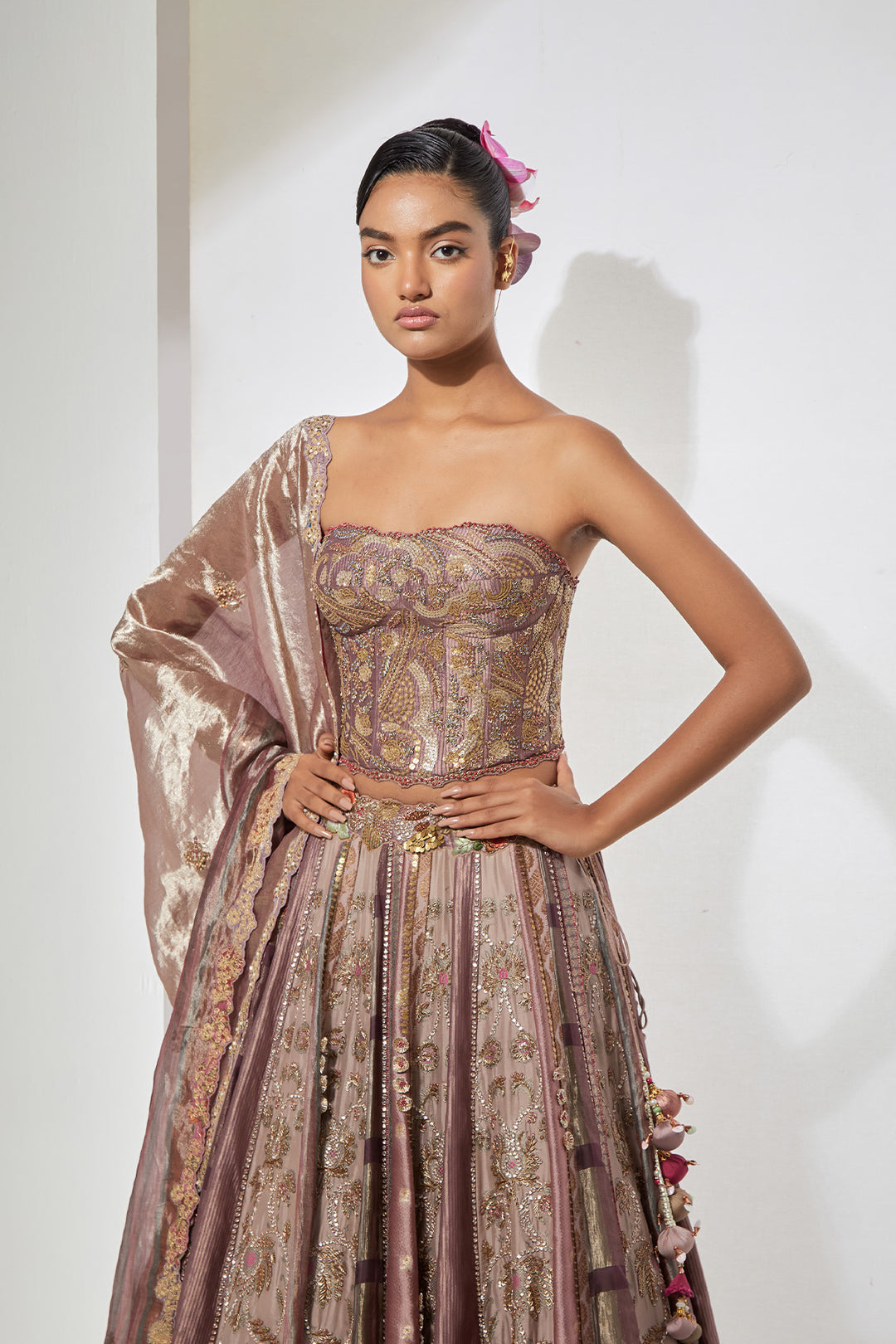 Mauve Blush Multi-Panel silk brocade Lehenga Set with Heavy Hand-Embroidered Corset Blouse