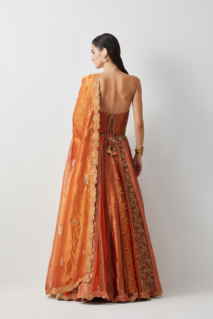Roasted Carrot Hand Embroidered Lehenga Set with Organza Dupatta