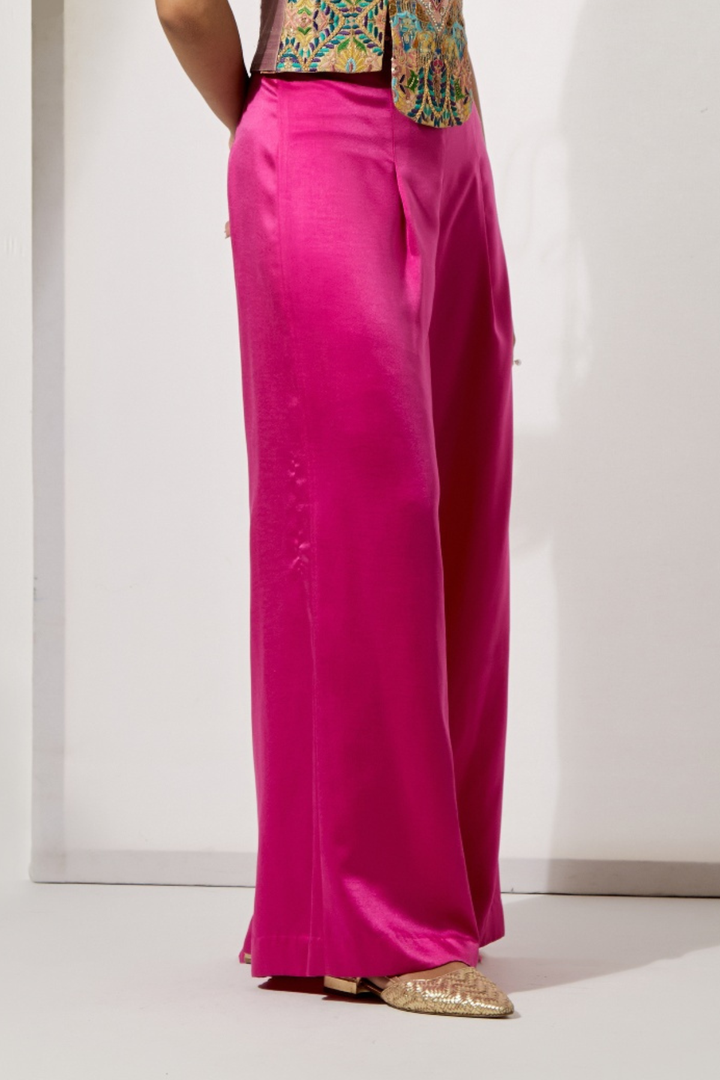 Multicolor Garden Embroidered Corset+Fuchsia High-Waist Pleated Palazzo Pants