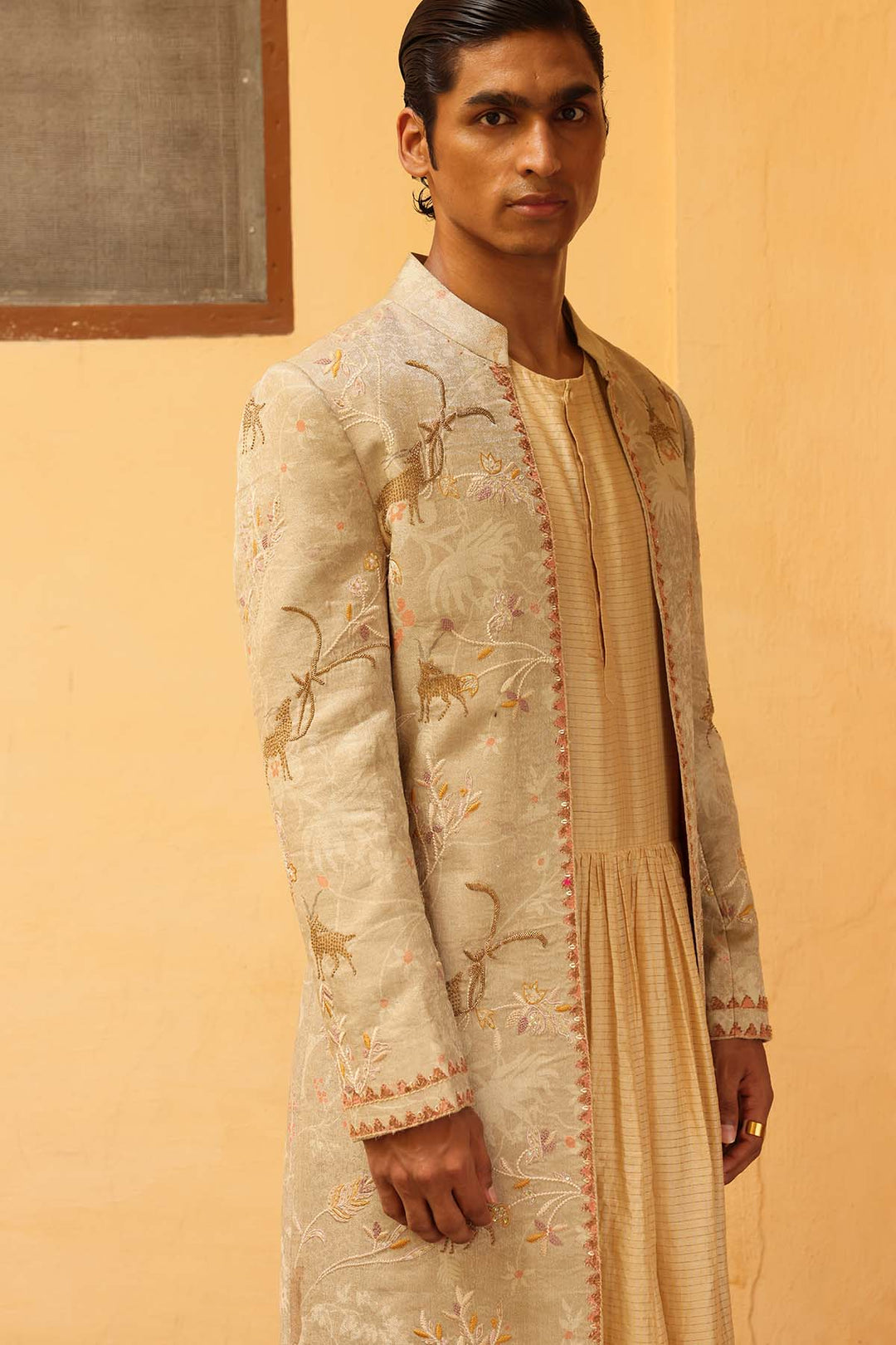 Ivory Silk Embroidered Sherwani Set