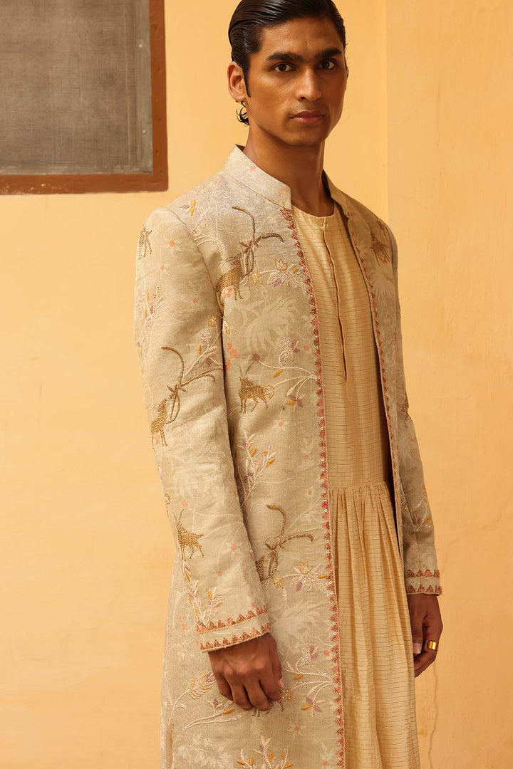 Ivory Silk Embroidered Sherwani Set