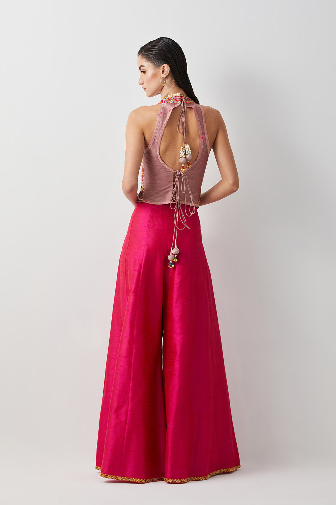 Hot pink embroidered and multi corset plazzo set