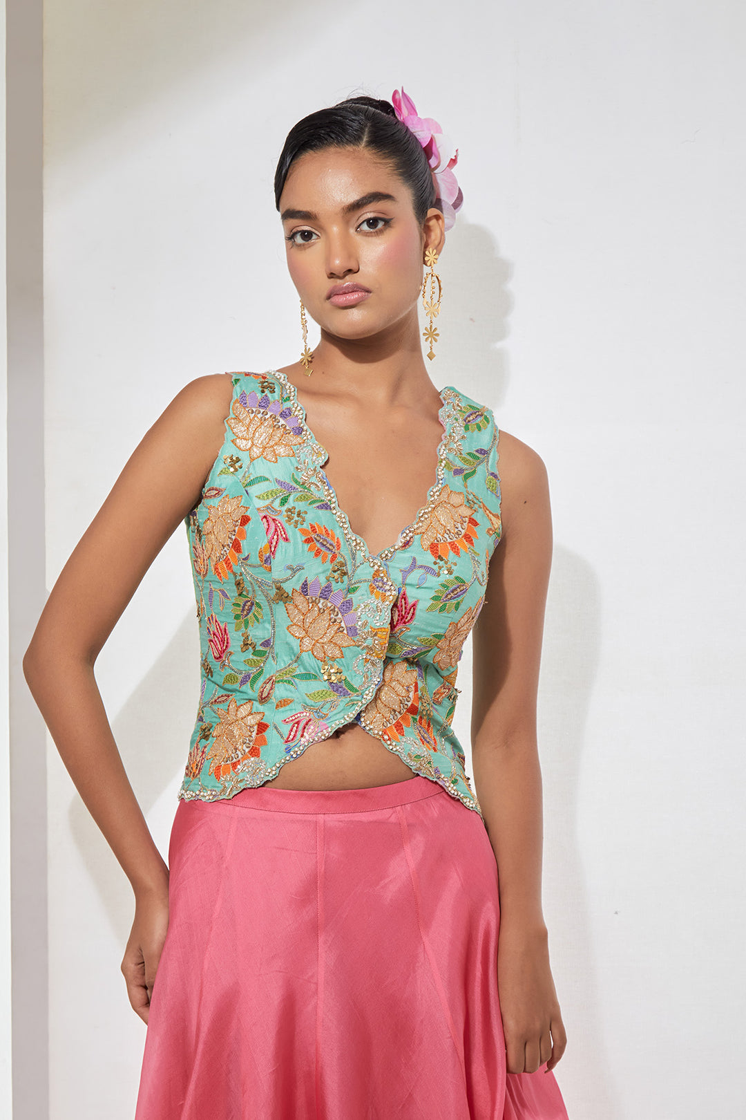 Gulbahar Hand-Embroidered Silk Corset &amp; Organza Skirt Set