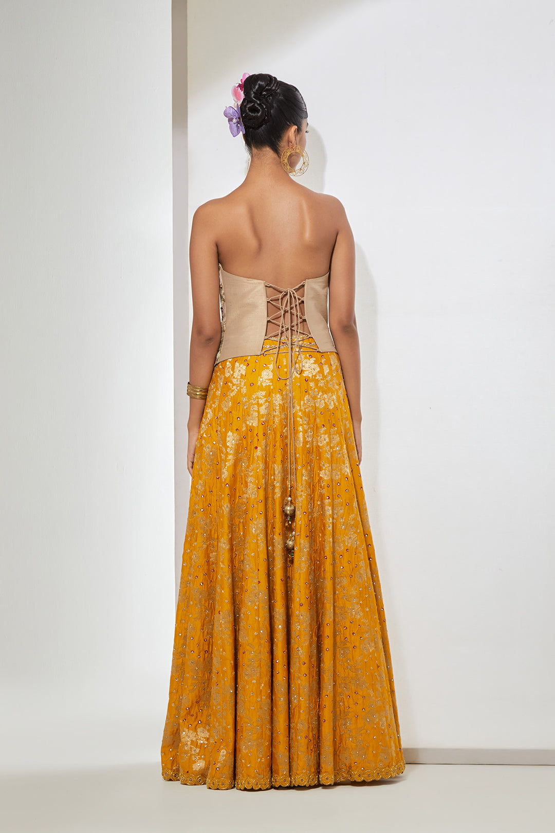 Antique Gold Floral Strapless Corset &amp; Mustard Bandani Silk Lehenga