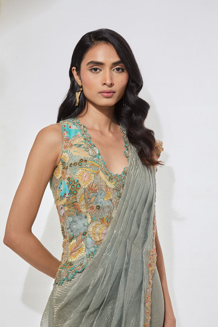 Powder Blue Embellished Pre-Draped Saree with Corset Blouse