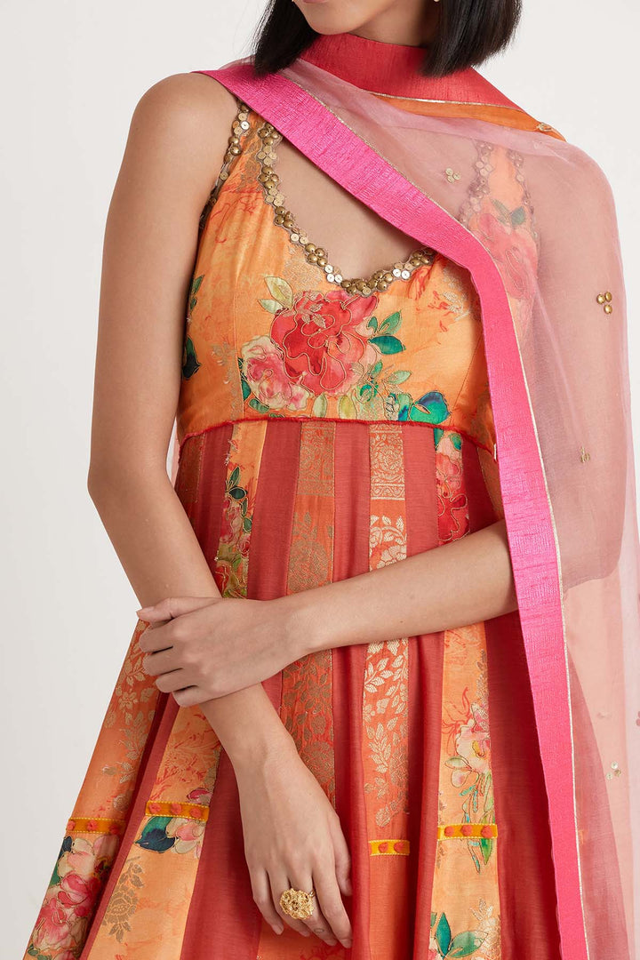 Orange printed anarkali gown with dupatta