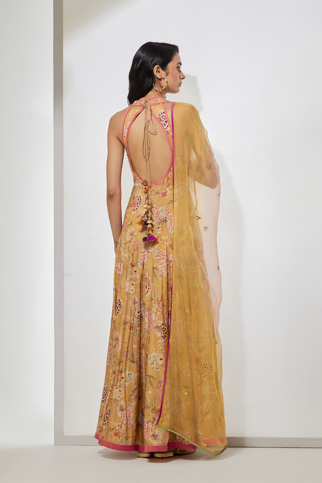 Yellow Floral Printed Anarkali Set with Organza Dupatta
