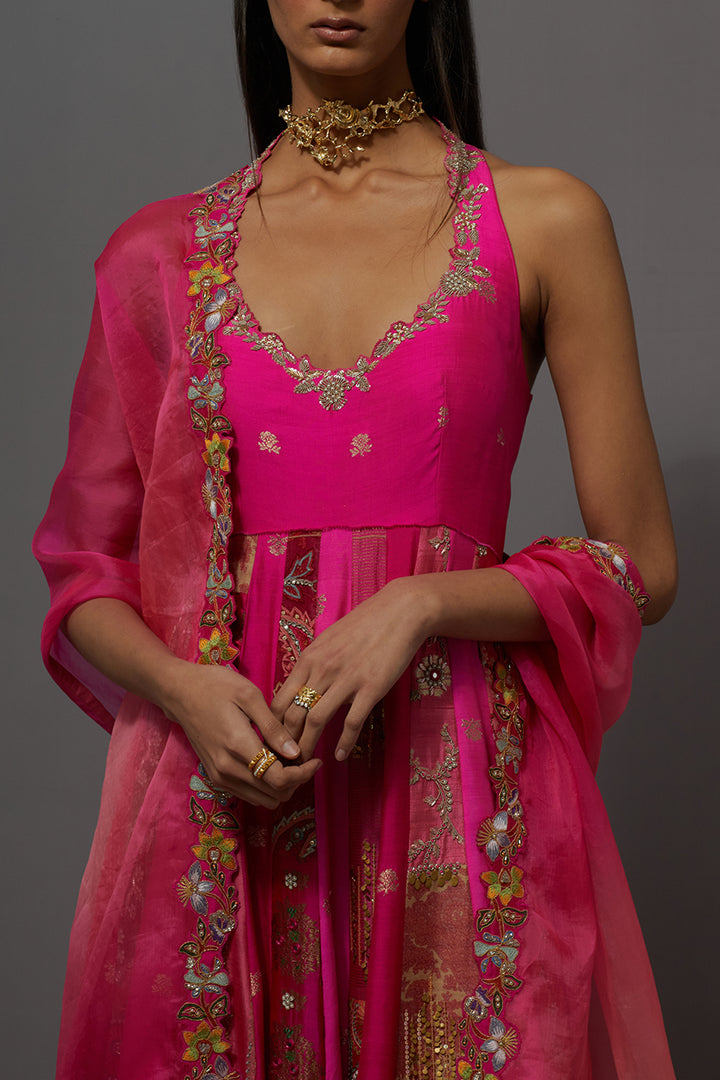 Fuchsia Embroidered Anarkali Set with Ombre Dupatta