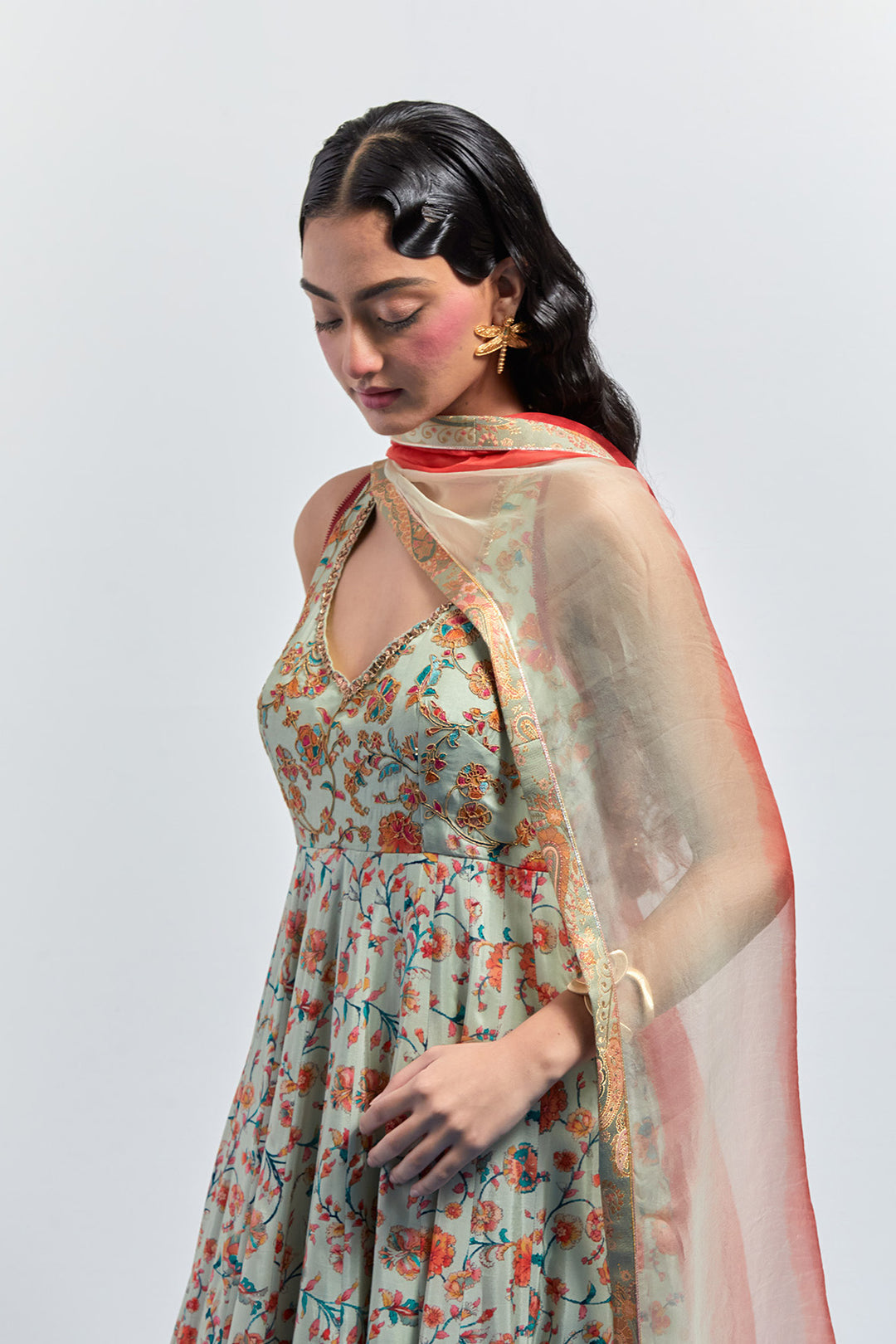 Saga green and rust block print anarkali set