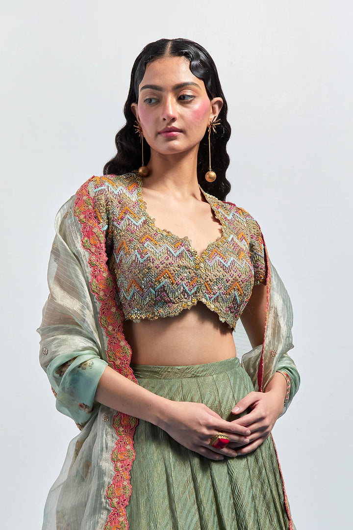 saga green embroidered lehenga choli dupatta set