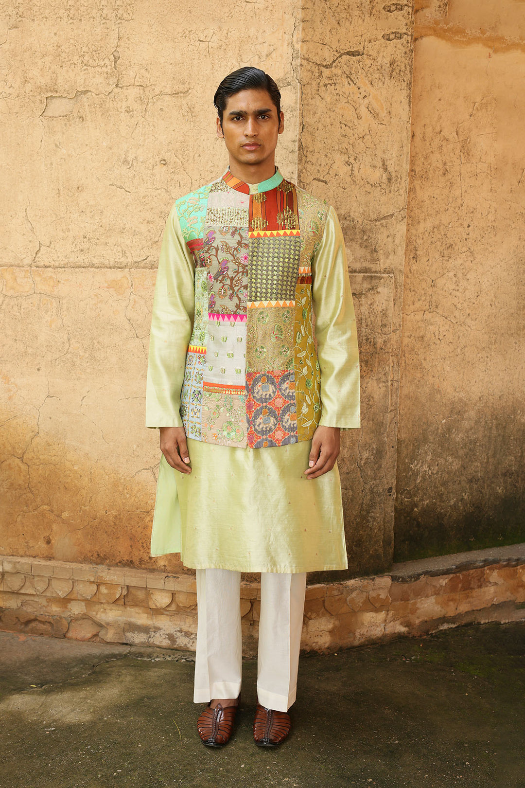 Mint Green Silk Kurta Set with Patchwork Brocade Jacket
