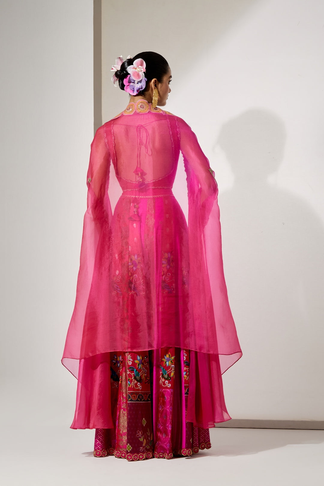 Fuchsia Embroidered Sharara Set with Organza Cape