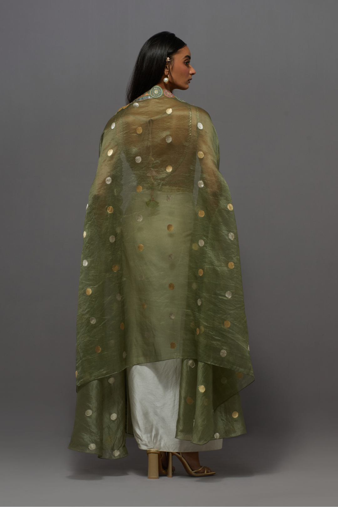 Olive green &amp; ivory embroidered dhoti with embroidered cape blouse set