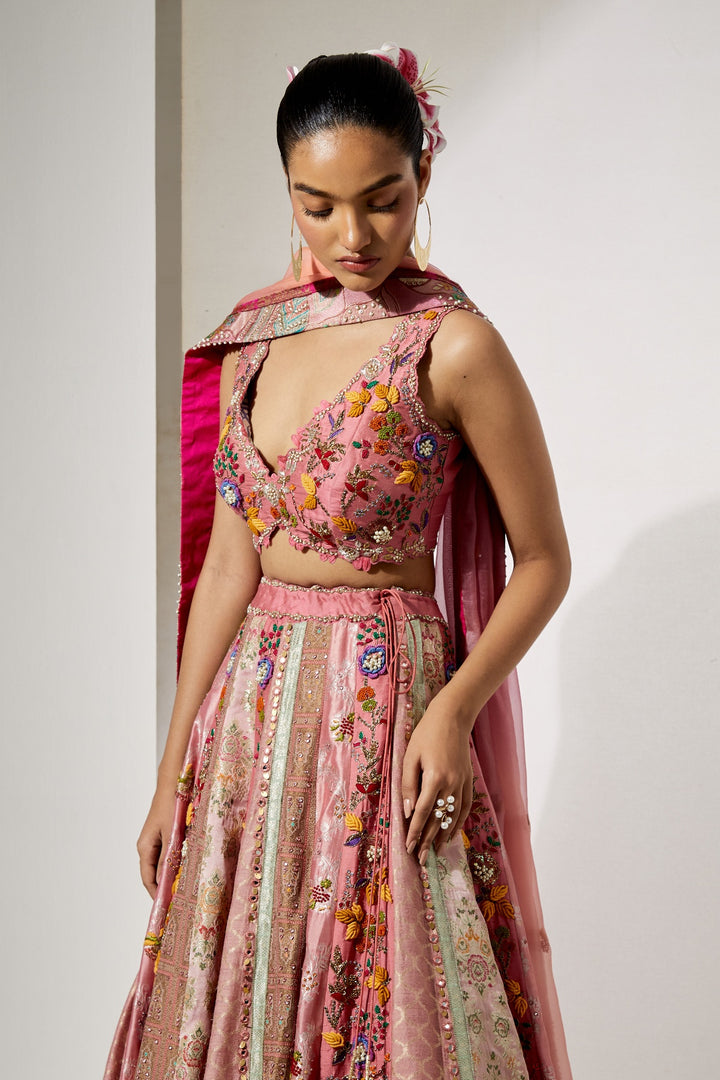 Rose Pink Embroidered Lehenga Set with Organza Dupatta