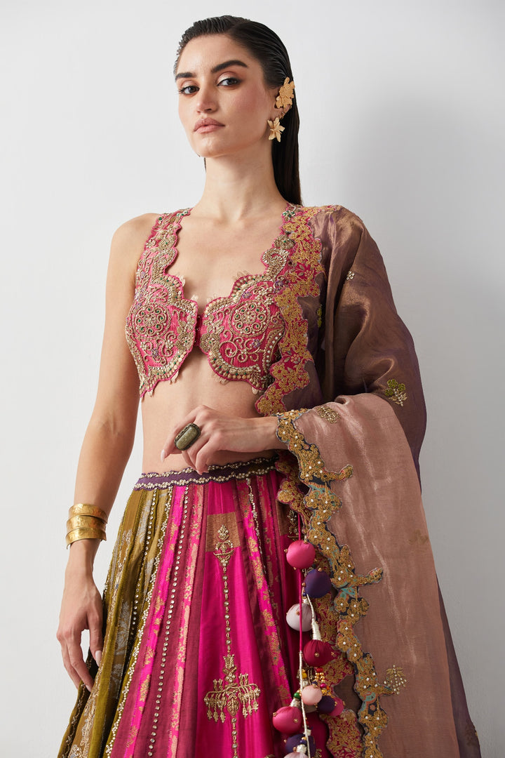 Multicolour Tissue &amp; Silk Hand Embroidered Lehenga Set