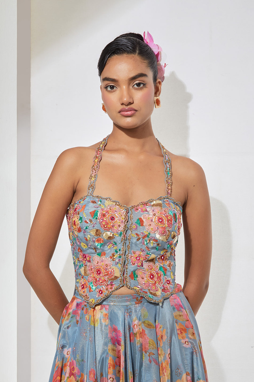 Azure Bloom Embroidered Corset &amp; Printed Skirt Set