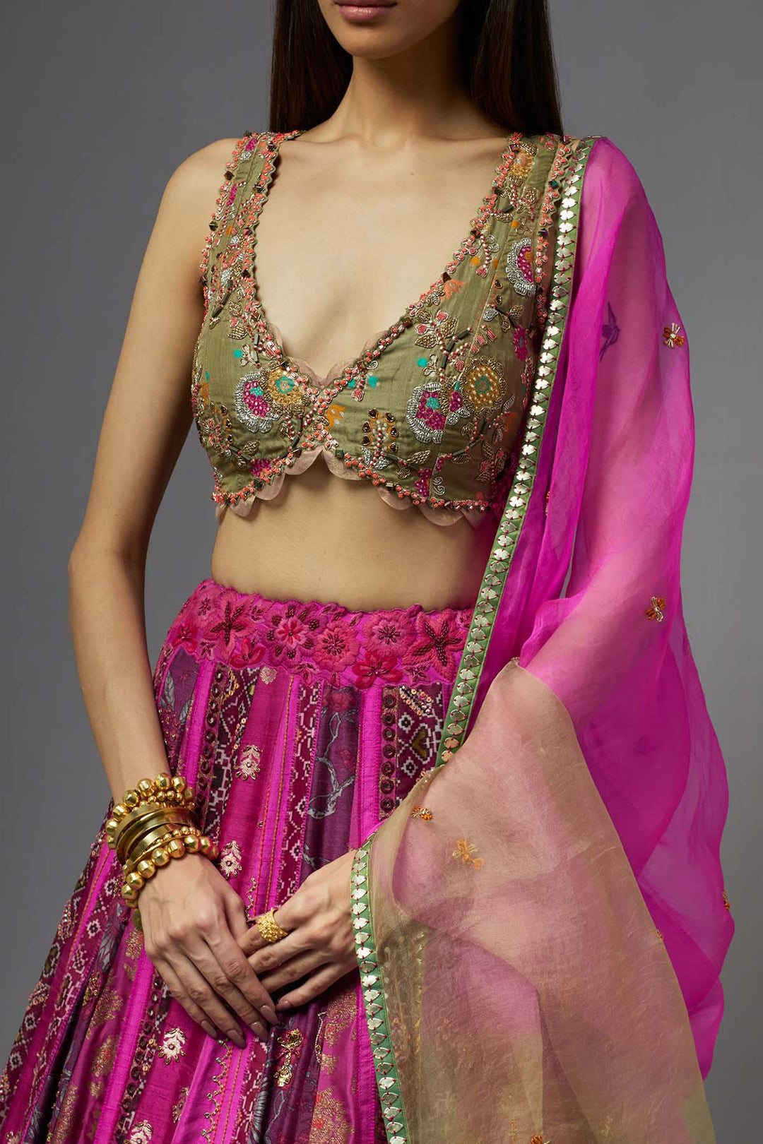 Hot pink Embroidered lehenga set with ombre dupatta