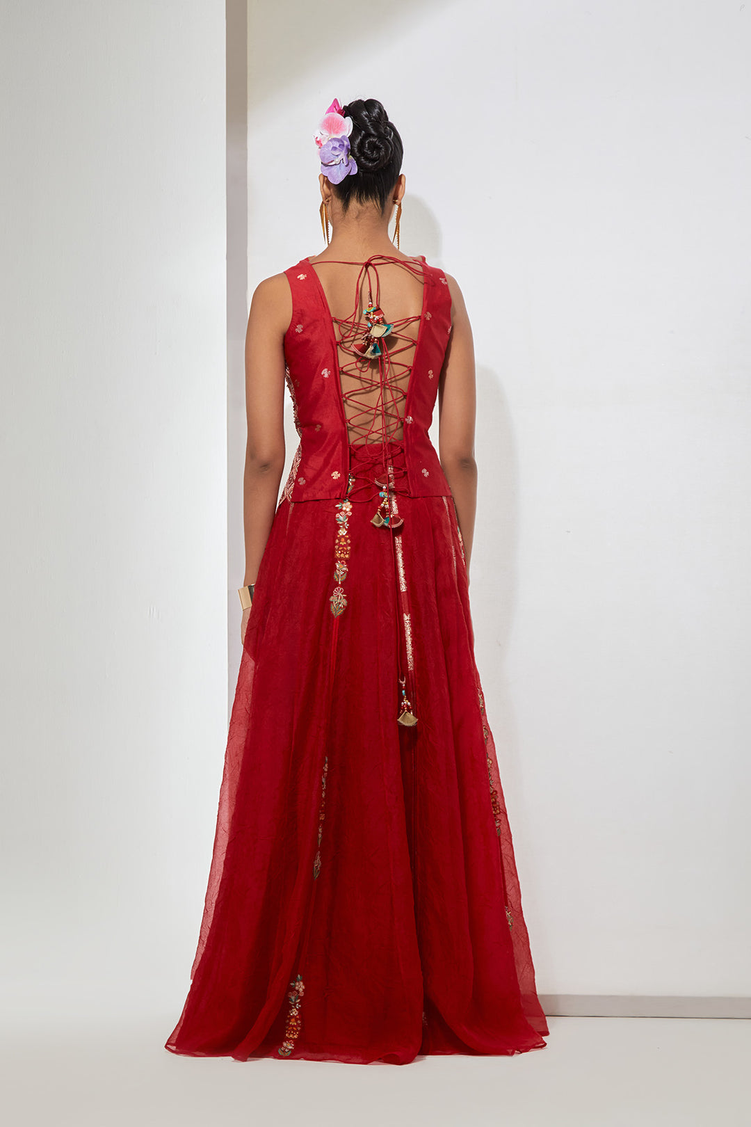 Gulab Crimson Hand-Embroidered Silk Corset &amp; Organza Skirt