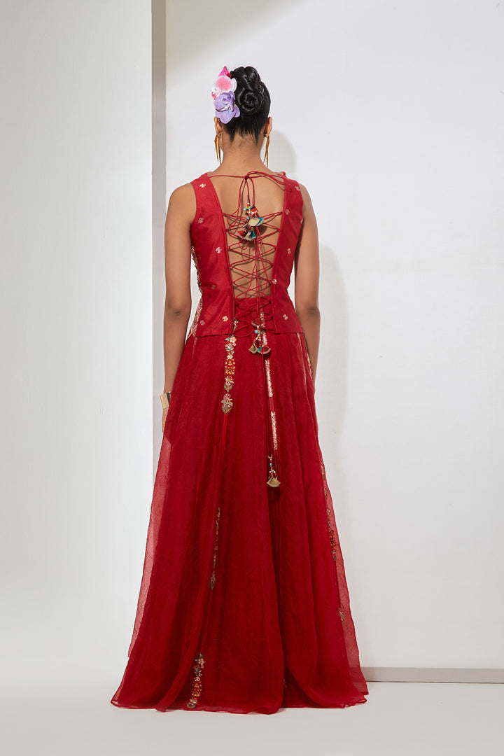 Gulab Crimson Hand-Embroidered Silk Corset &amp; Organza Skirt